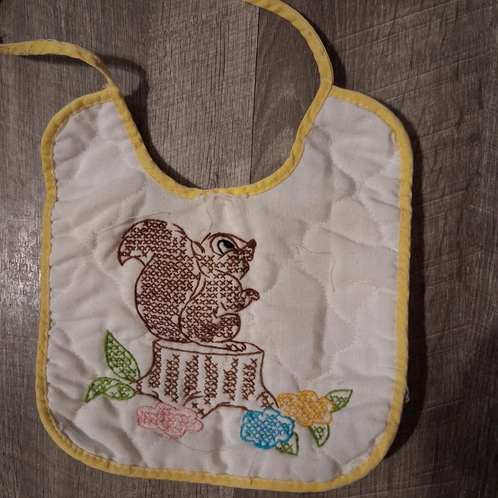 Vtg Disney Embroidered Cross-stitch Baby Bibs-Bambi Thumper Squirrel Lot Of‎ 3
